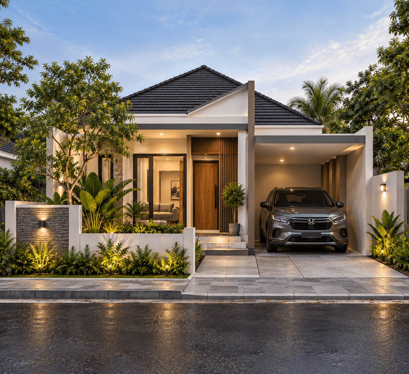 Rumah Modern Tropis 1 Lantai, tampak eksterior rumah Modern Tropical di Indonesia