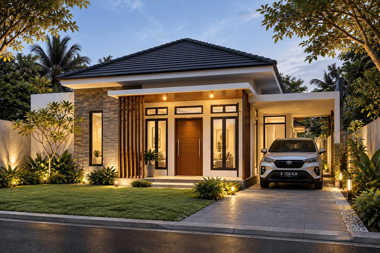 Rumah Modern Tropis 1 Lantai, tampak eksterior rumah Modern Tropical di Indonesia