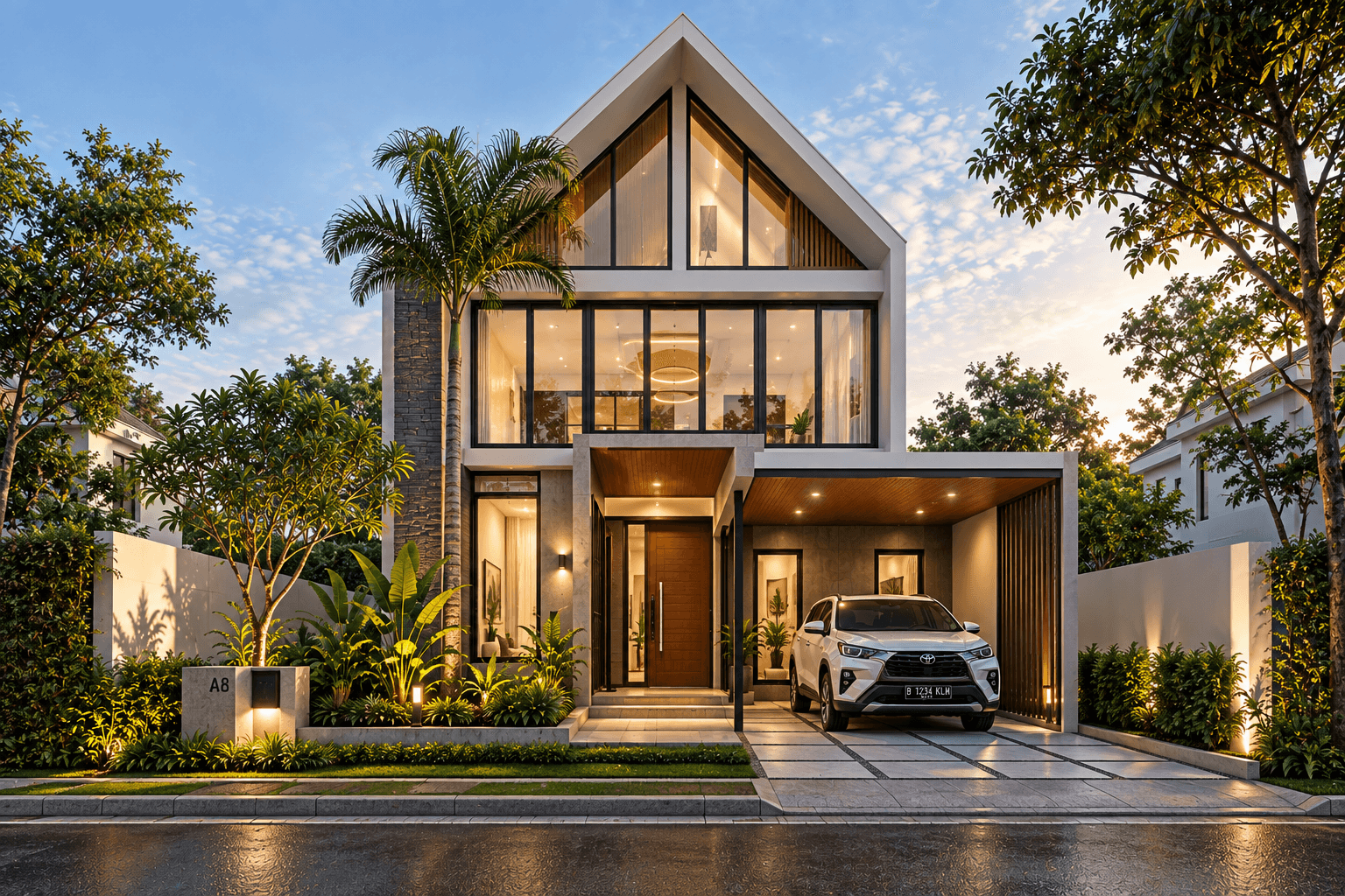 Rumah Modern Tropis 2 Lantai, tampak eksterior rumah Modern Tropical di Indonesia