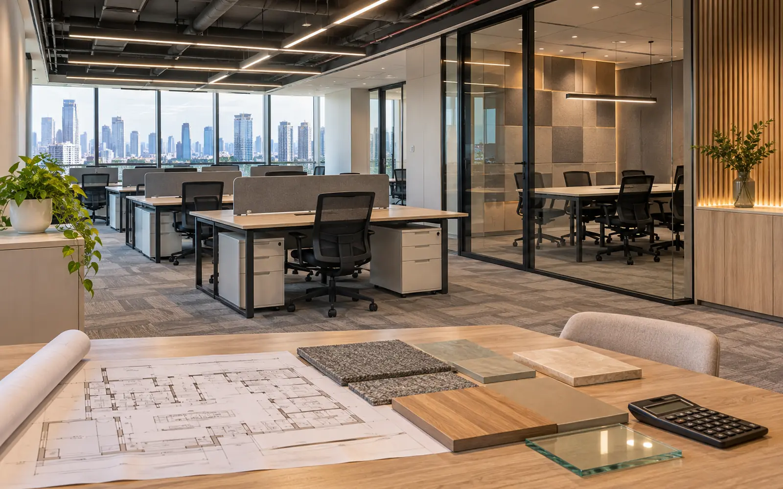 Ruang kantor kosong siap fit-out dengan partisi dan langit-langit terbuka