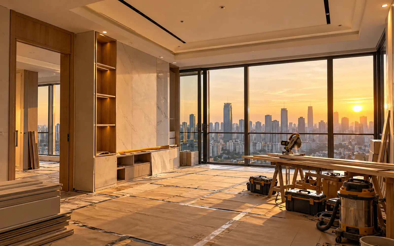 Interior apartemen siap direnovasi dengan lantai terbuka dan dinding netral